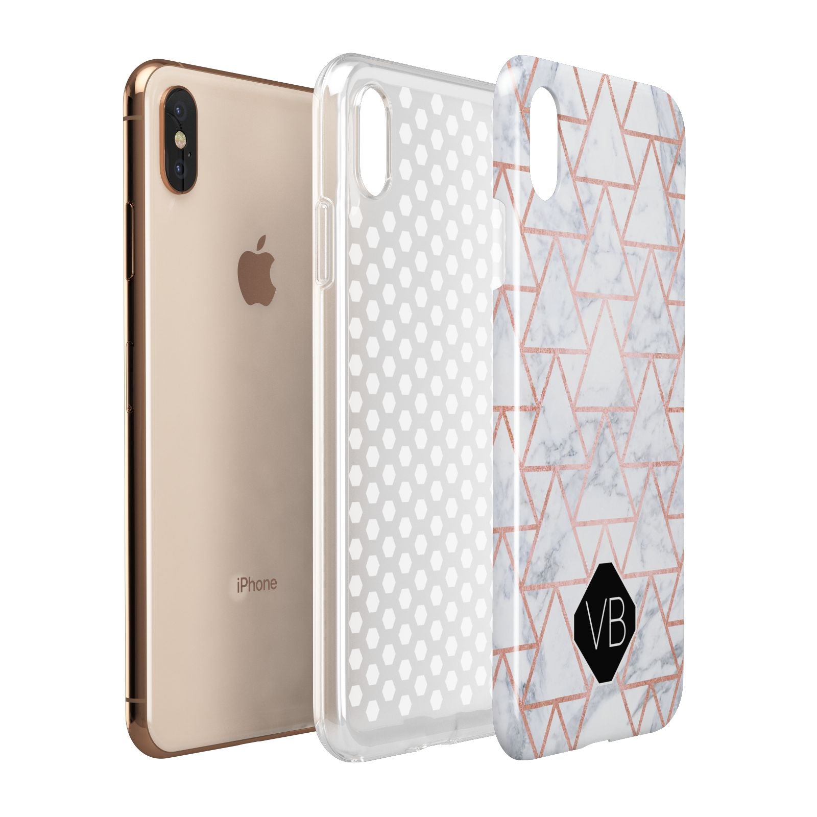 Personalised Rose Gold Grey Marble Hexagon Apple iPhone Xs Max 3D Tough Case Expanded View