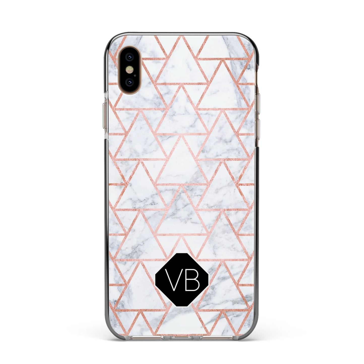 Personalised Rose Gold Grey Marble Hexagon Apple iPhone Xs Max Impact Case Black Edge on Gold Phone
