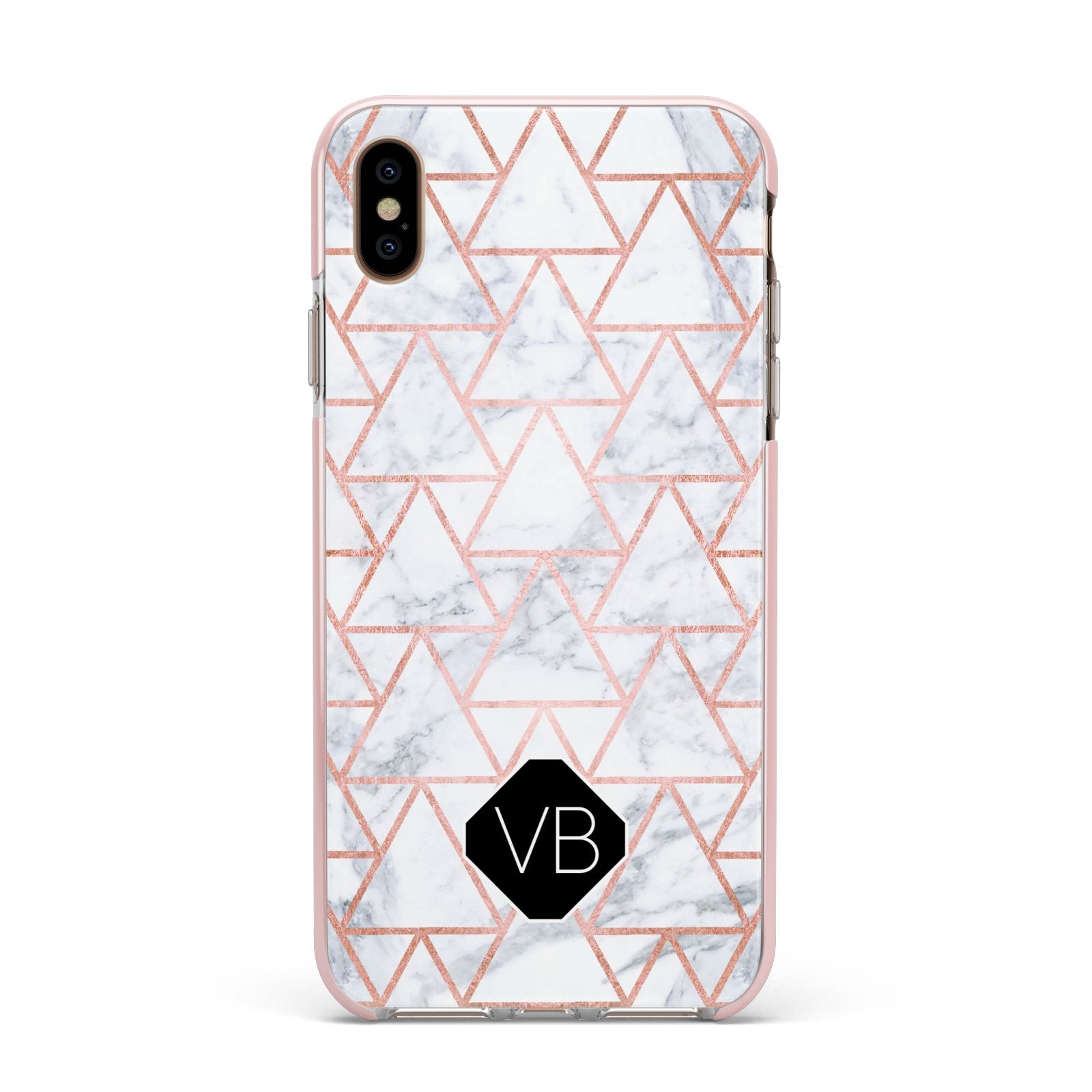 Personalised Rose Gold Grey Marble Hexagon Apple iPhone Xs Max Impact Case Pink Edge on Gold Phone