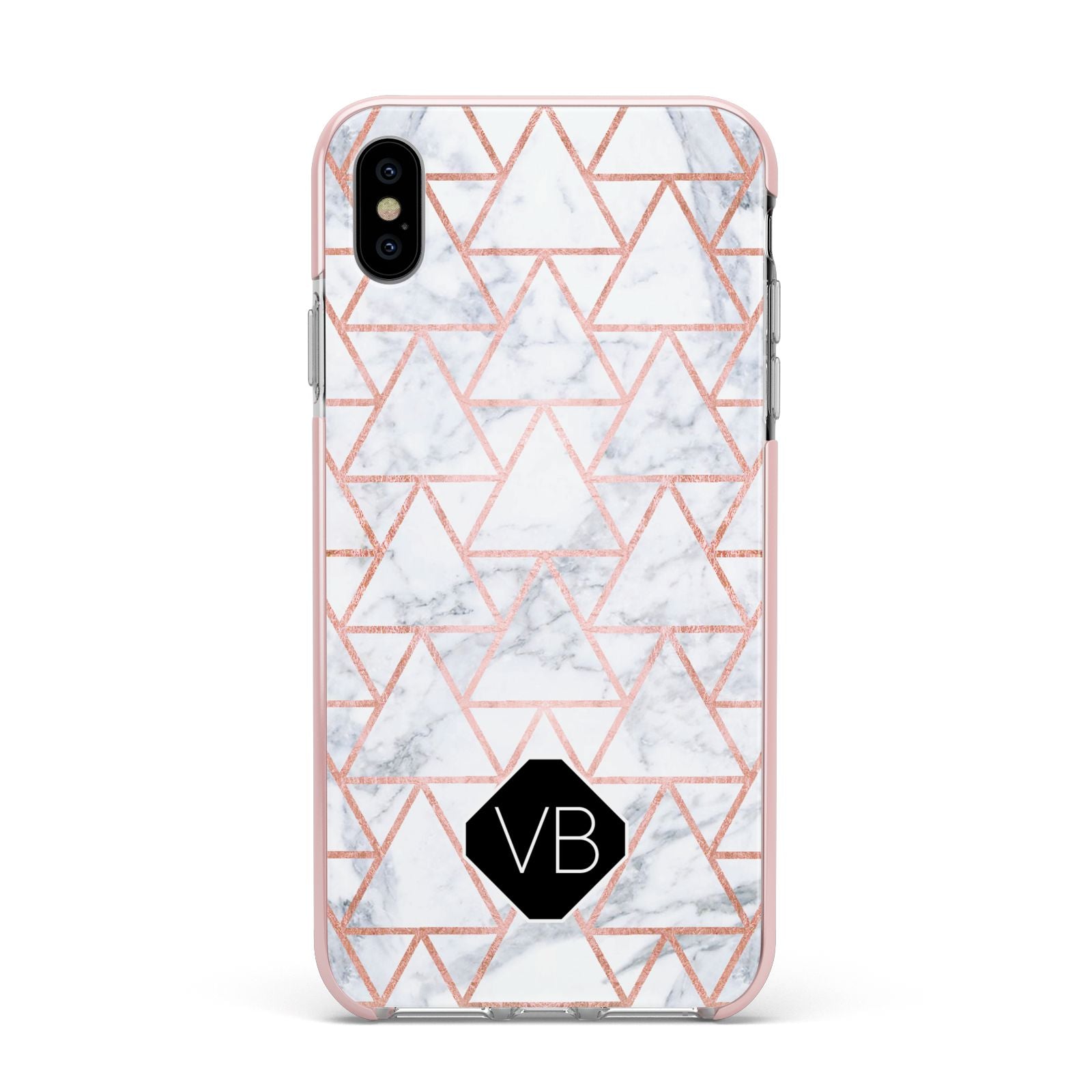 Personalised Rose Gold Grey Marble Hexagon Apple iPhone Xs Max Impact Case Pink Edge on Silver Phone