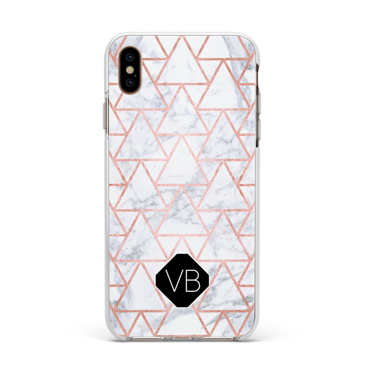 Personalised Rose Gold Grey Marble Hexagon Apple iPhone Xs Max Impact Case White Edge on Gold Phone