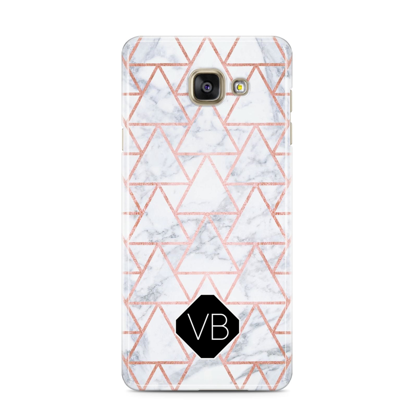 Personalised Rose Gold Grey Marble Hexagon Samsung Galaxy A3 2016 Case on gold phone