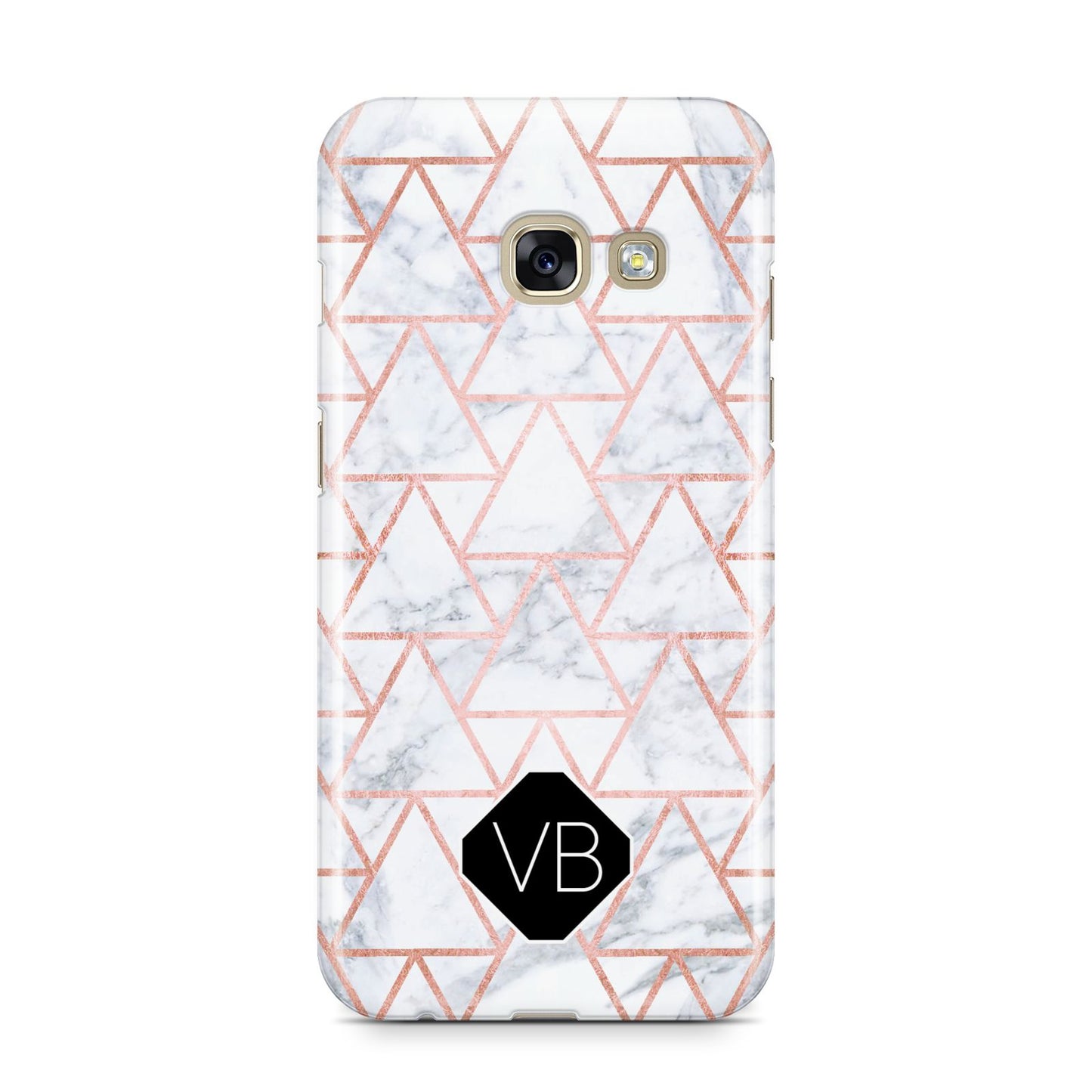 Personalised Rose Gold Grey Marble Hexagon Samsung Galaxy A3 2017 Case on gold phone