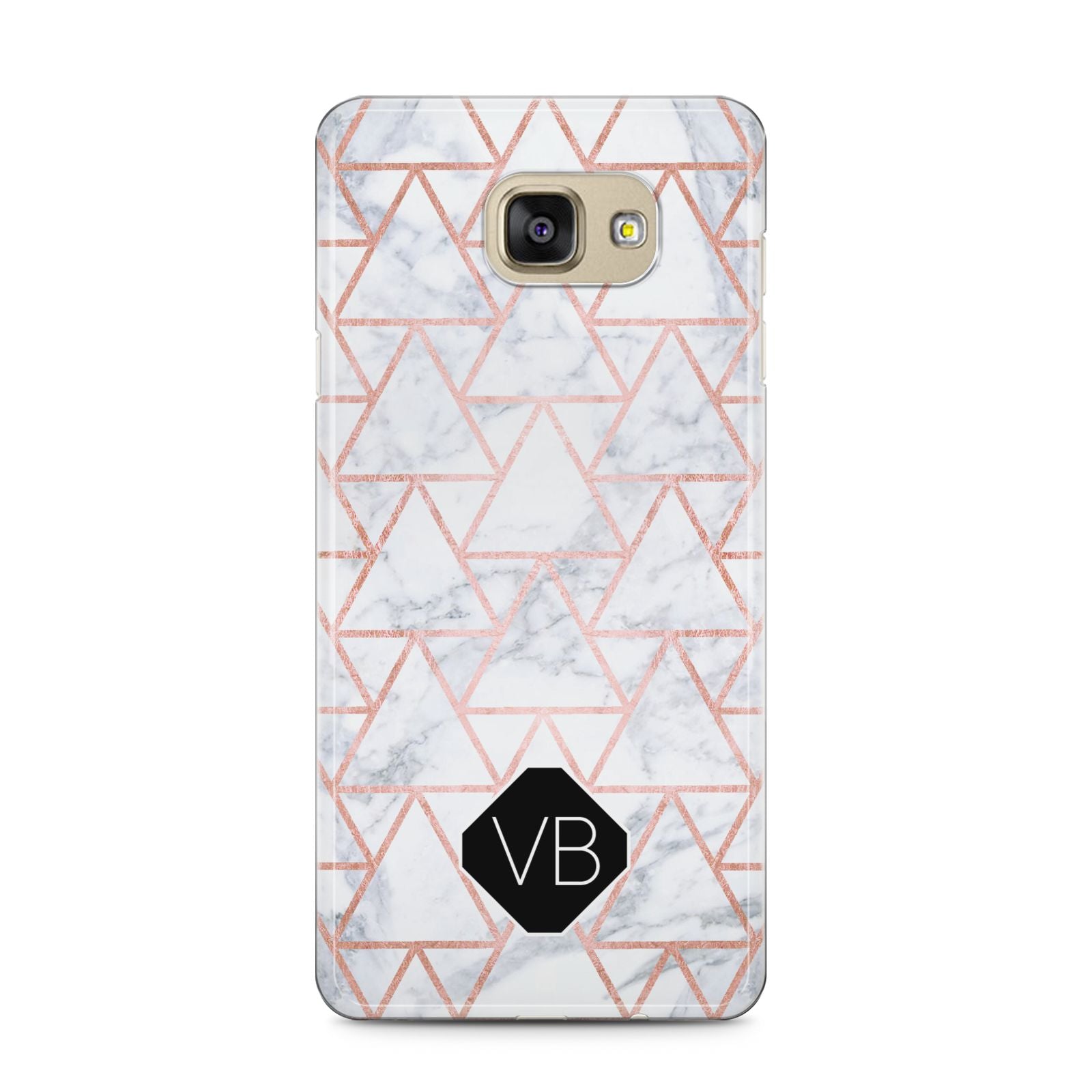 Personalised Rose Gold Grey Marble Hexagon Samsung Galaxy A5 2016 Case on gold phone