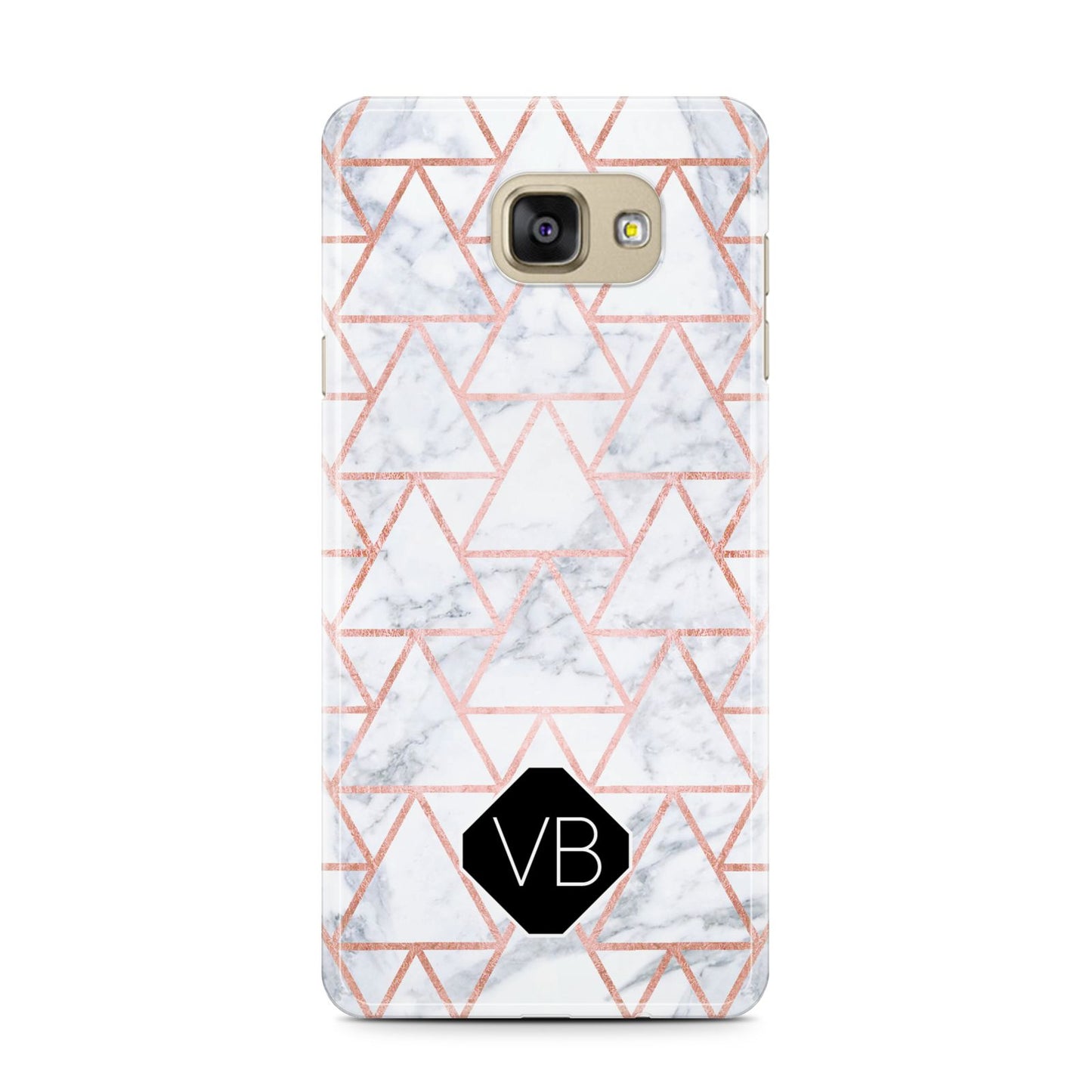 Personalised Rose Gold Grey Marble Hexagon Samsung Galaxy A7 2016 Case on gold phone