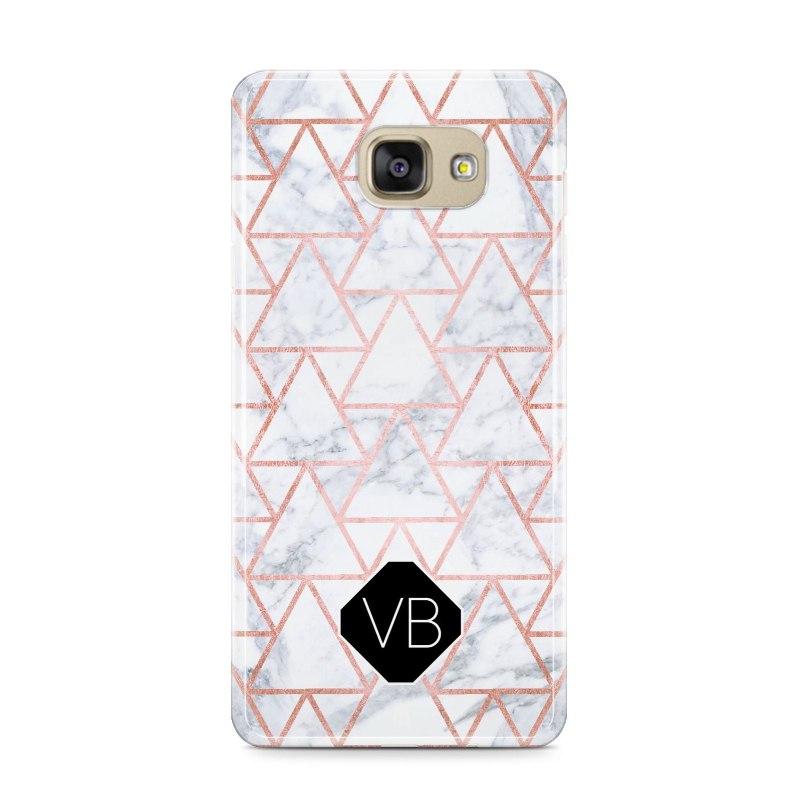 Personalised Rose Gold Grey Marble Hexagon Samsung Galaxy A9 2016 Case on gold phone