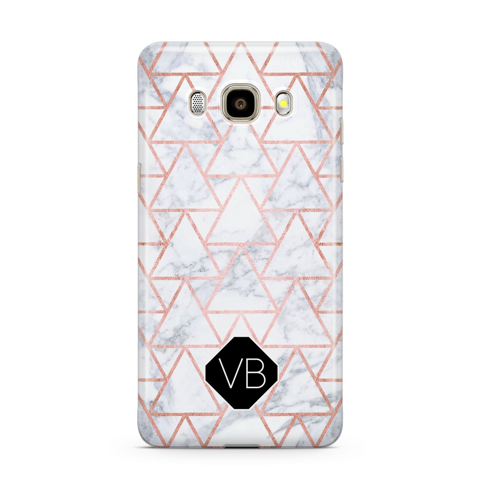 Personalised Rose Gold Grey Marble Hexagon Samsung Galaxy J7 2016 Case on gold phone