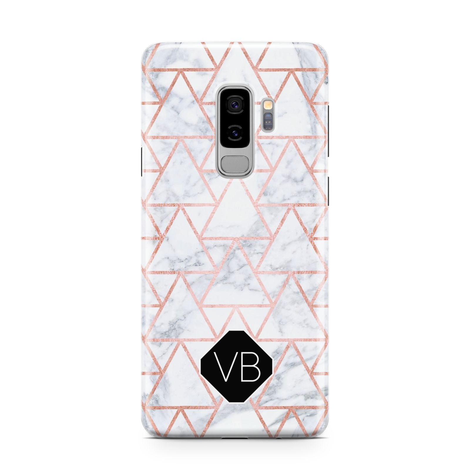 Personalised Rose Gold Grey Marble Hexagon Samsung Galaxy S9 Plus Case on Silver phone