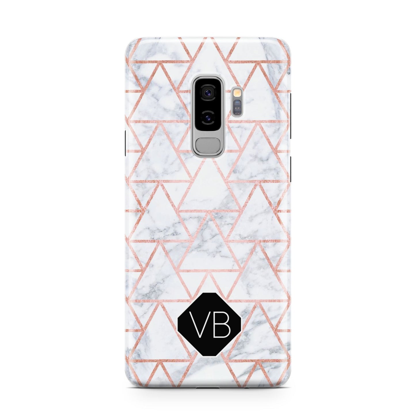 Personalised Rose Gold Grey Marble Hexagon Samsung Galaxy S9 Plus Case on Silver phone
