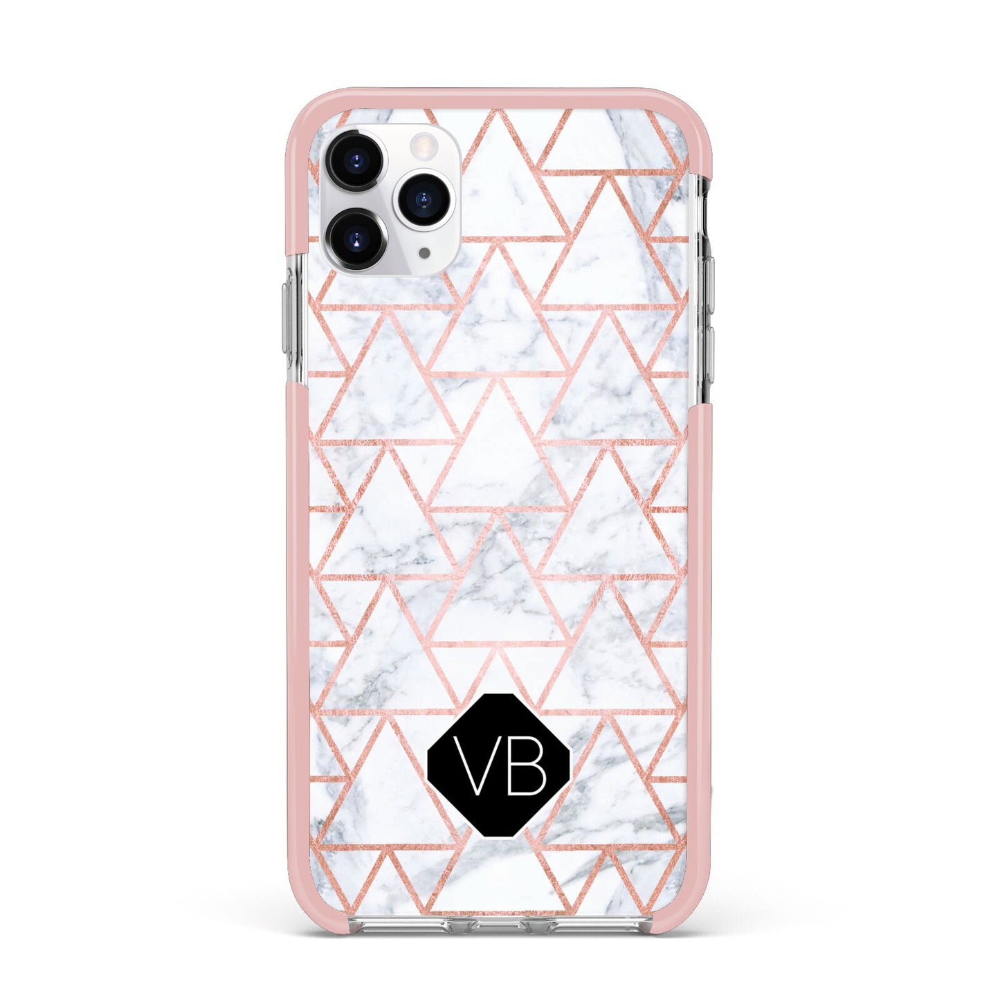 Personalised Rose Gold Grey Marble Hexagon iPhone 11 Pro Max Impact Pink Edge Case