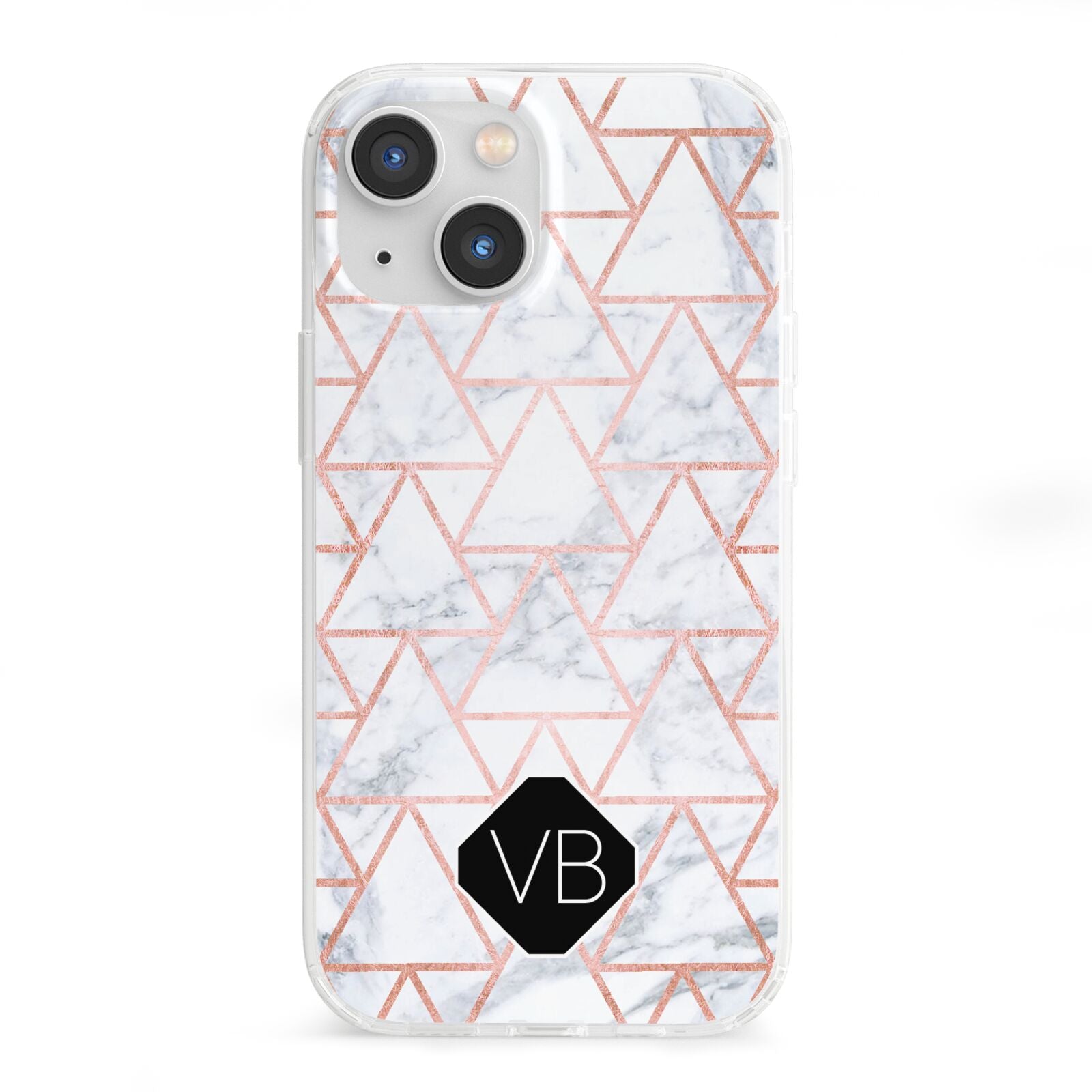 Personalised Rose Gold Grey Marble Hexagon iPhone 13 Mini Clear Bumper Case