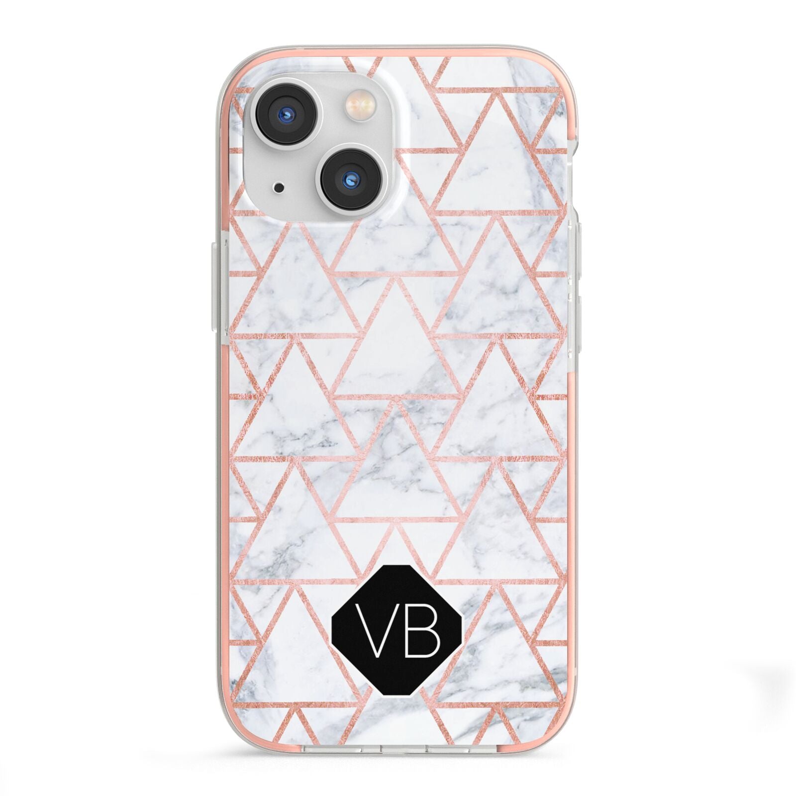 Personalised Rose Gold Grey Marble Hexagon iPhone 13 Mini TPU Impact Case with Pink Edges