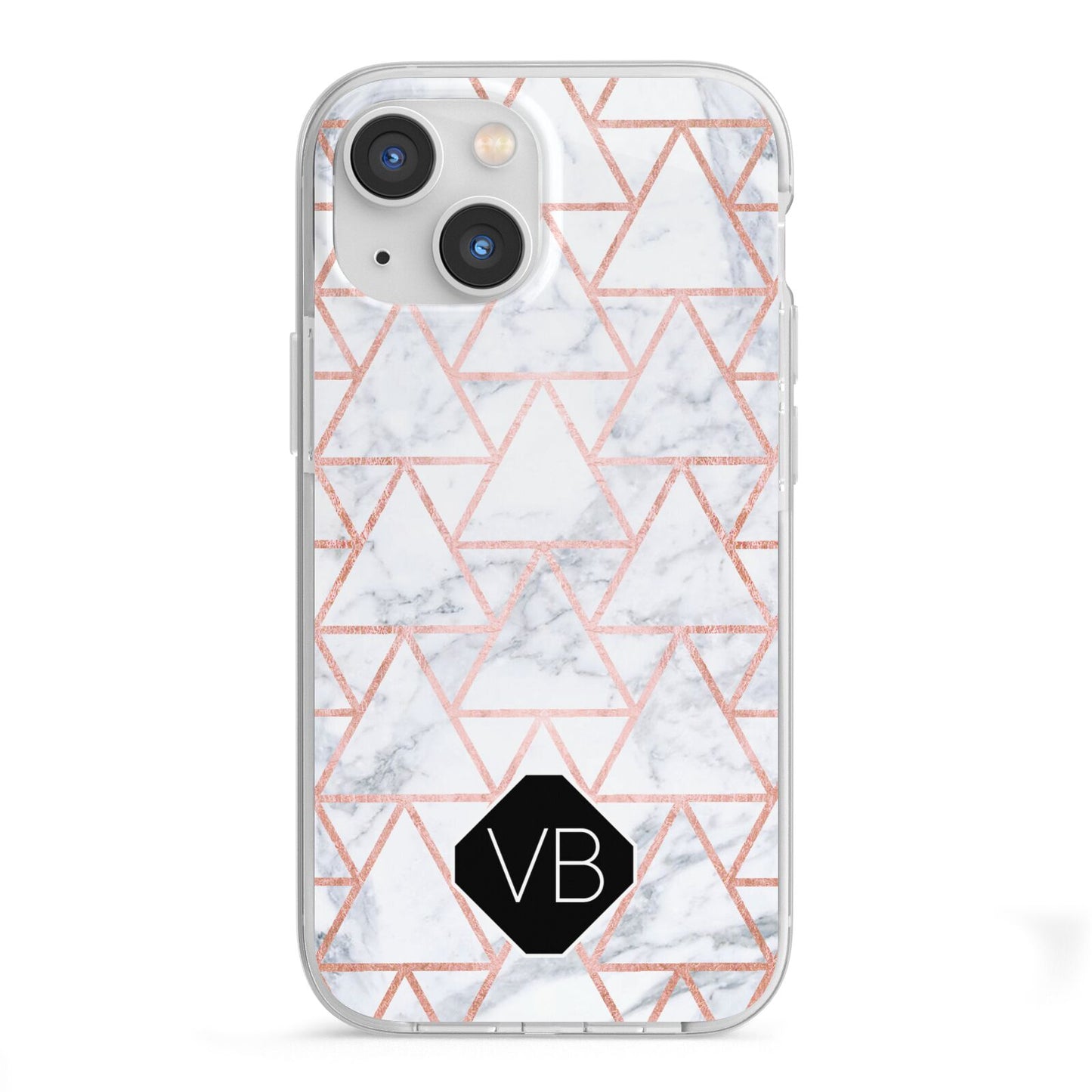 Personalised Rose Gold Grey Marble Hexagon iPhone 13 Mini TPU Impact Case with White Edges