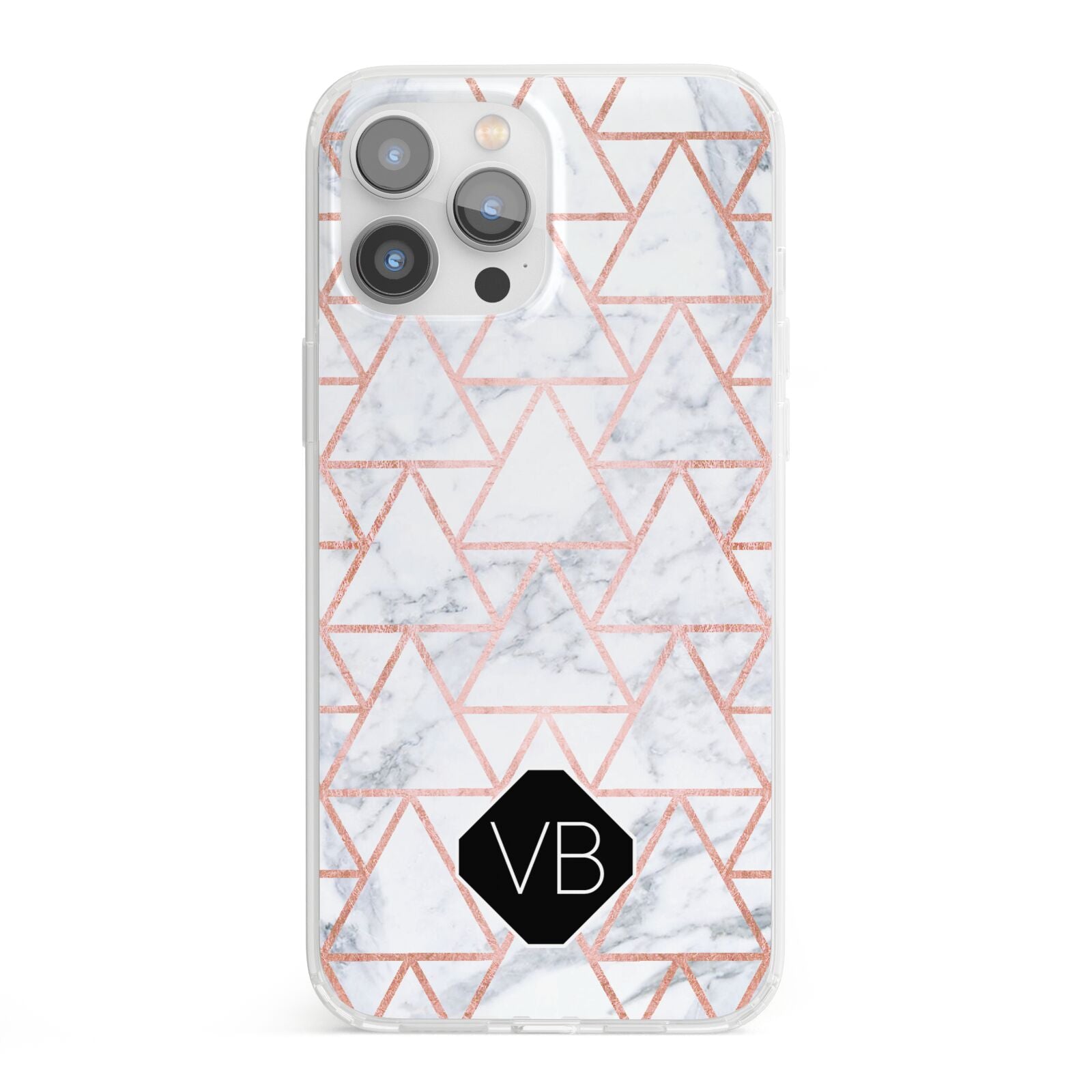 Personalised Rose Gold Grey Marble Hexagon iPhone 13 Pro Max Clear Bumper Case