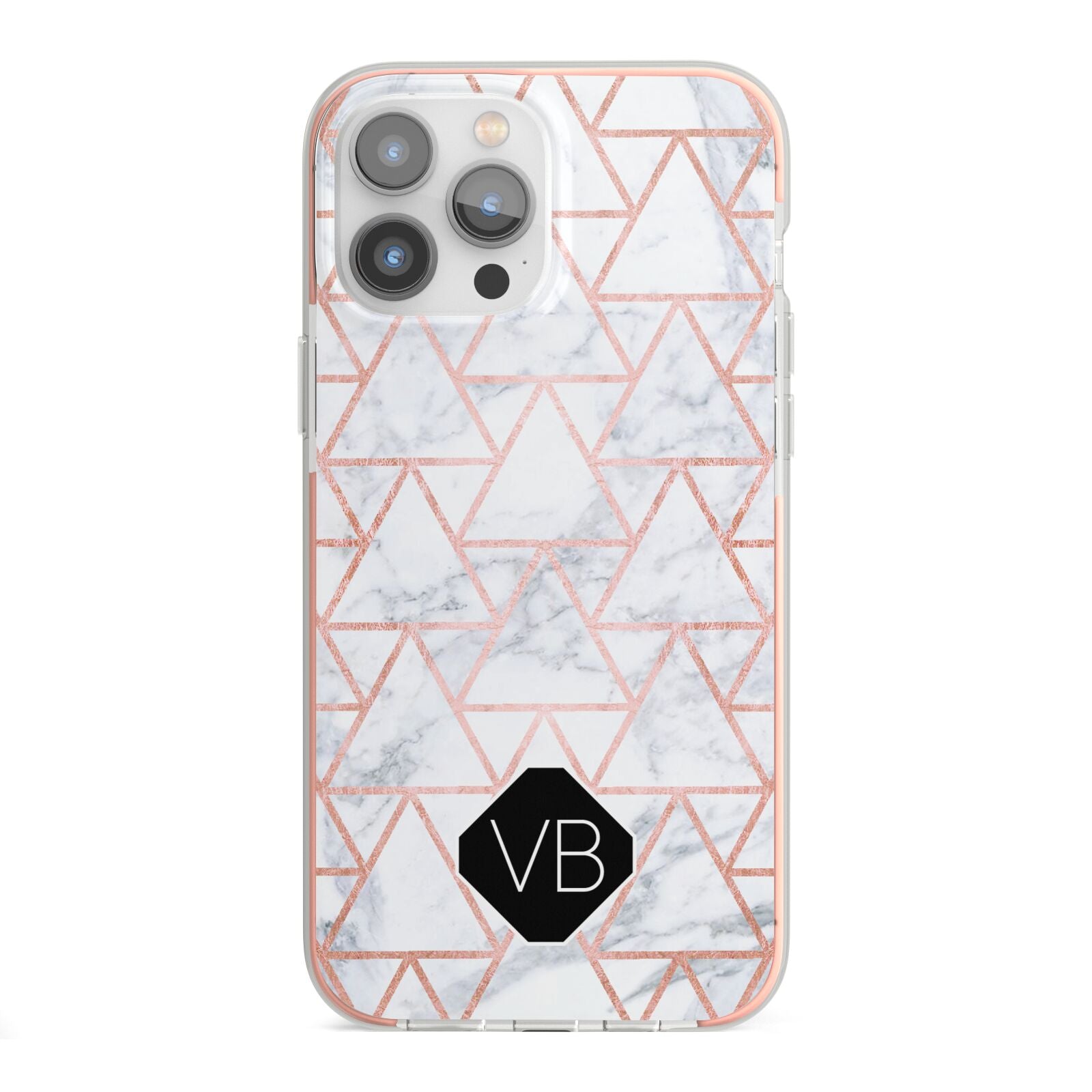 Personalised Rose Gold Grey Marble Hexagon iPhone 13 Pro Max TPU Impact Case with Pink Edges