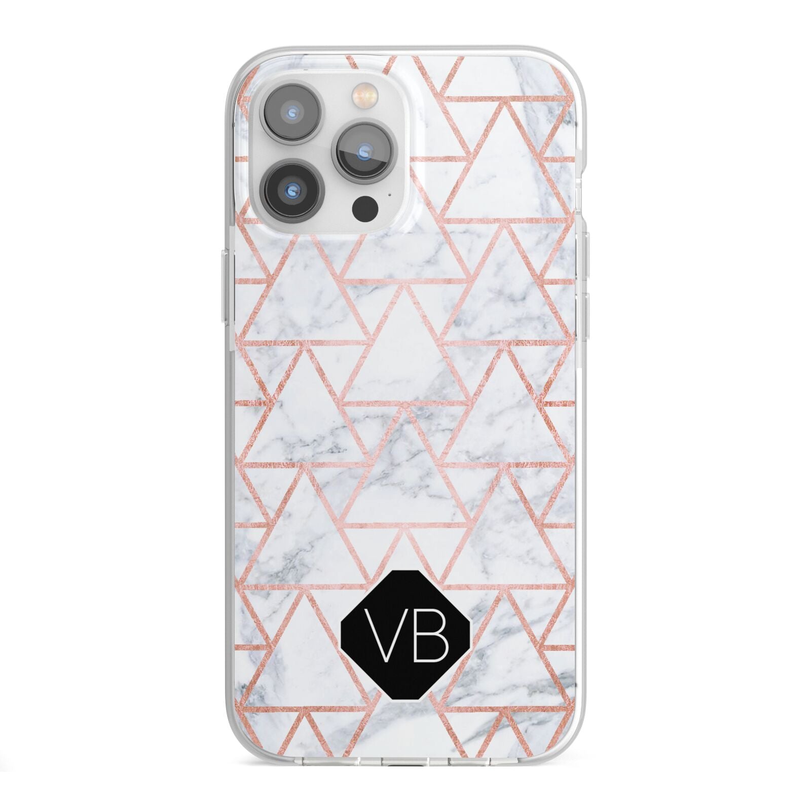 Personalised Rose Gold Grey Marble Hexagon iPhone 13 Pro Max TPU Impact Case with White Edges