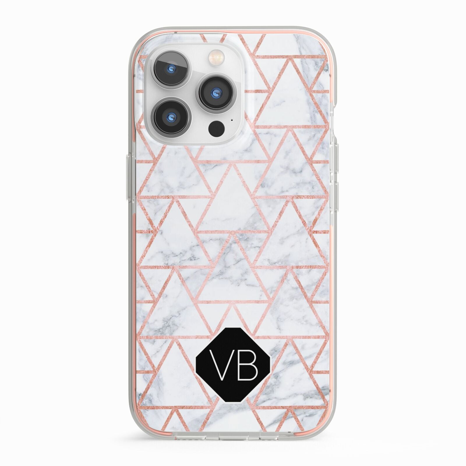 Personalised Rose Gold Grey Marble Hexagon iPhone 13 Pro TPU Impact Case with Pink Edges