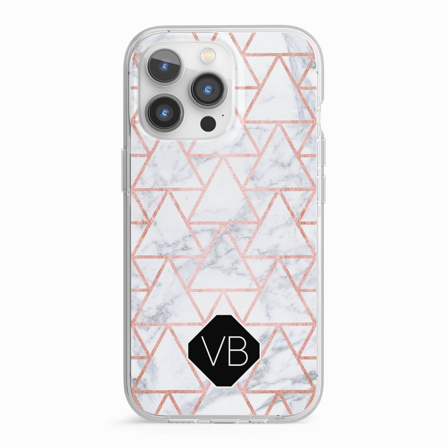 Personalised Rose Gold Grey Marble Hexagon iPhone 13 Pro TPU Impact Case with White Edges