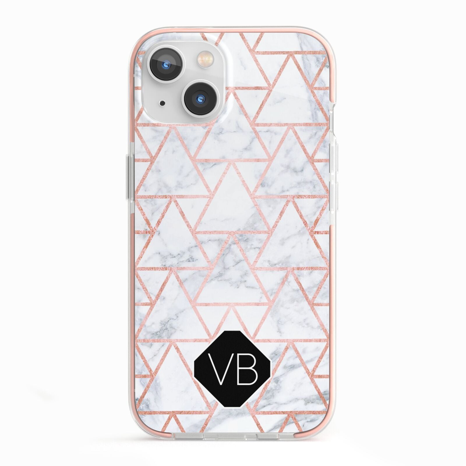 Personalised Rose Gold Grey Marble Hexagon iPhone 13 TPU Impact Case with Pink Edges