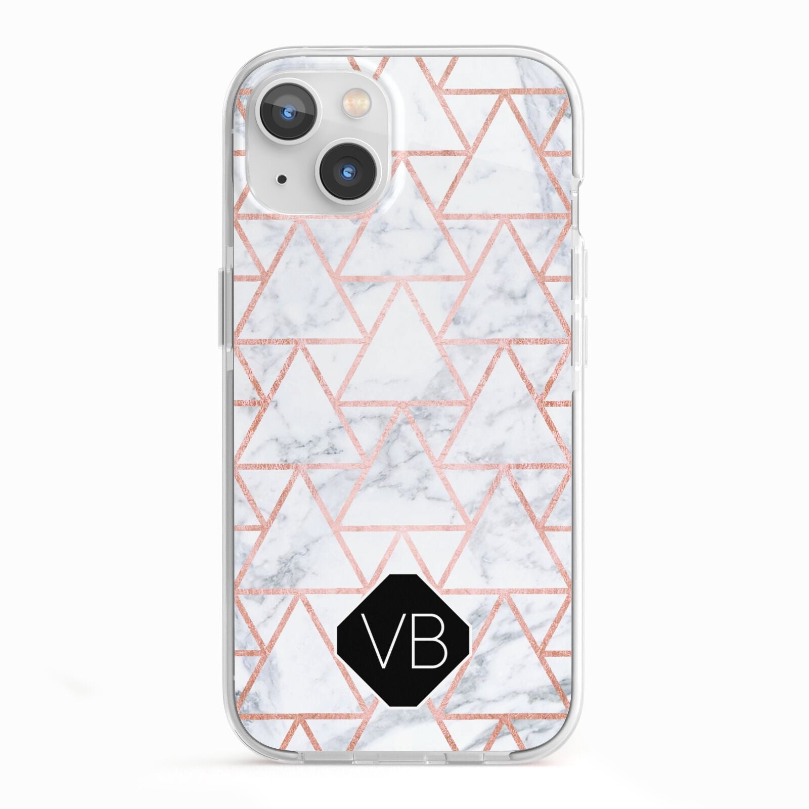 Personalised Rose Gold Grey Marble Hexagon iPhone 13 TPU Impact Case with White Edges