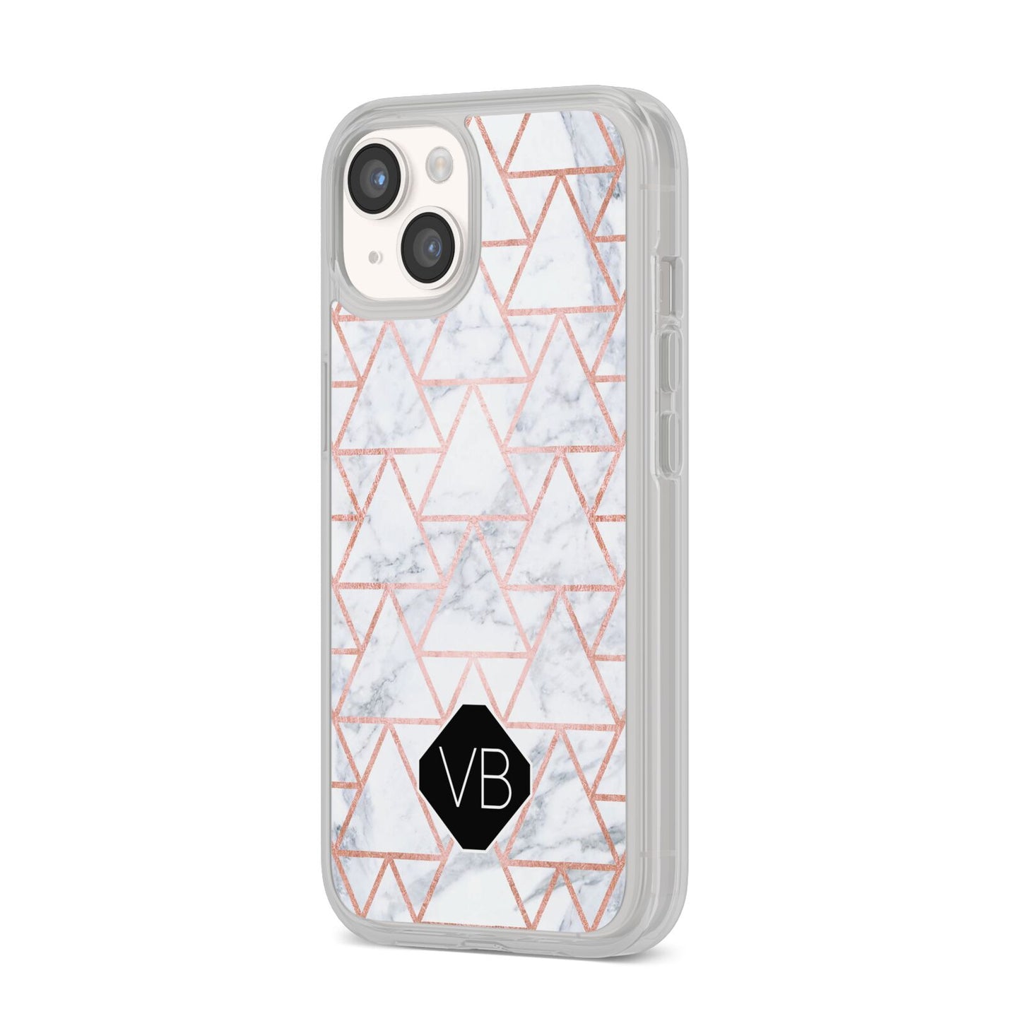 Personalised Rose Gold Grey Marble Hexagon iPhone 14 Clear Tough Case Starlight Angled Image
