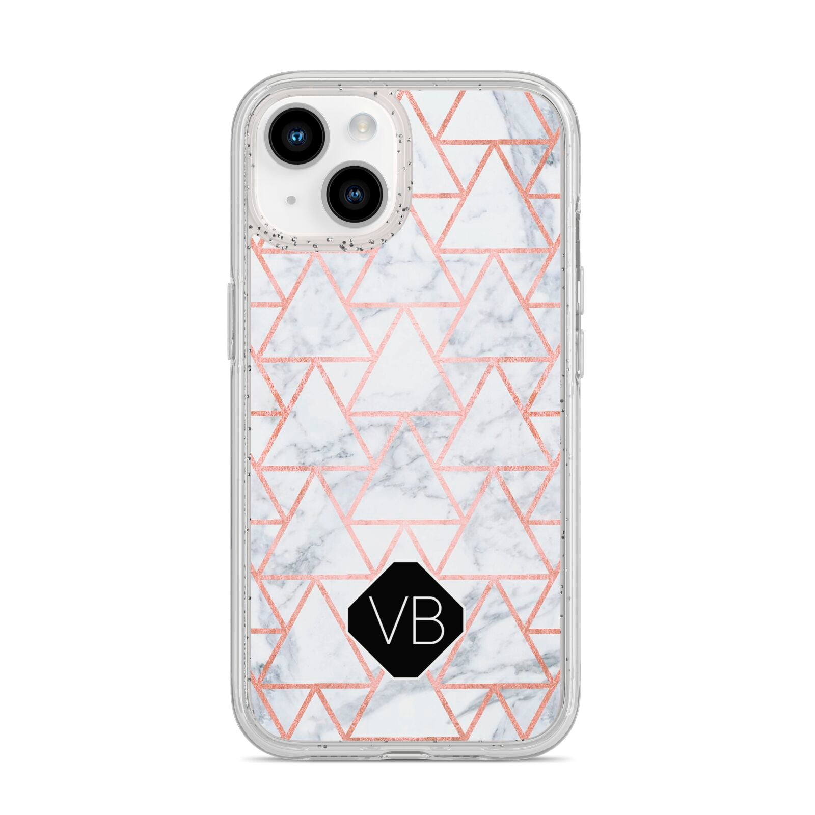Personalised Rose Gold Grey Marble Hexagon iPhone 14 Glitter Tough Case Starlight
