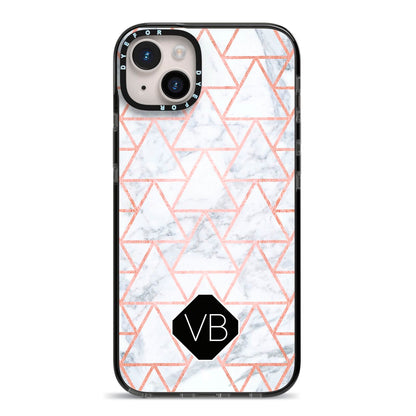 Personalised Rose Gold Grey Marble Hexagon iPhone 14 Plus Black Impact Case on Silver phone