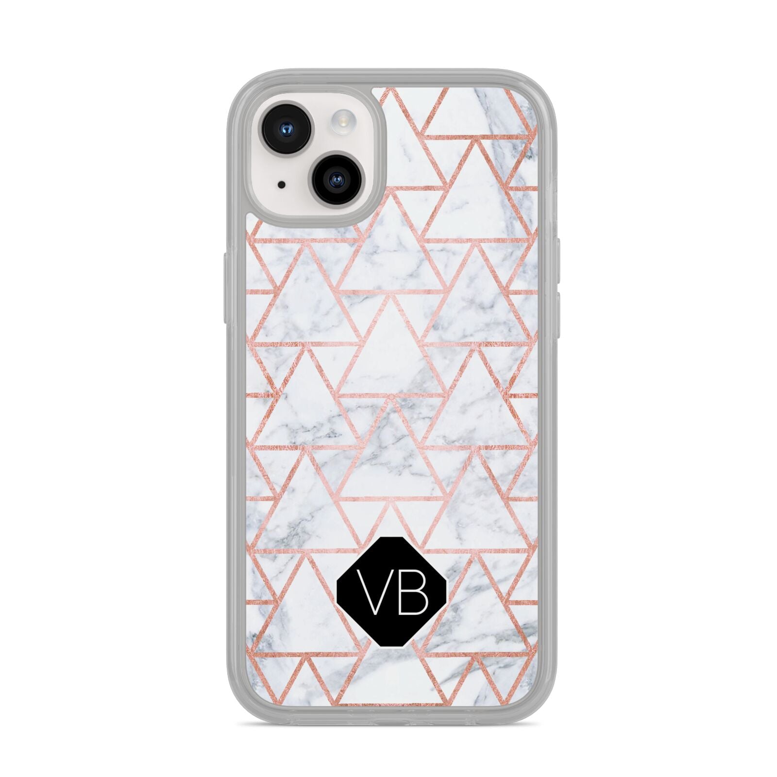 Personalised Rose Gold Grey Marble Hexagon iPhone 14 Plus Clear Tough Case Starlight