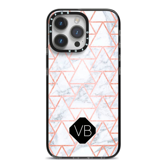 Personalised Rose Gold Grey Marble Hexagon iPhone 14 Pro Max Black Impact Case on Silver phone