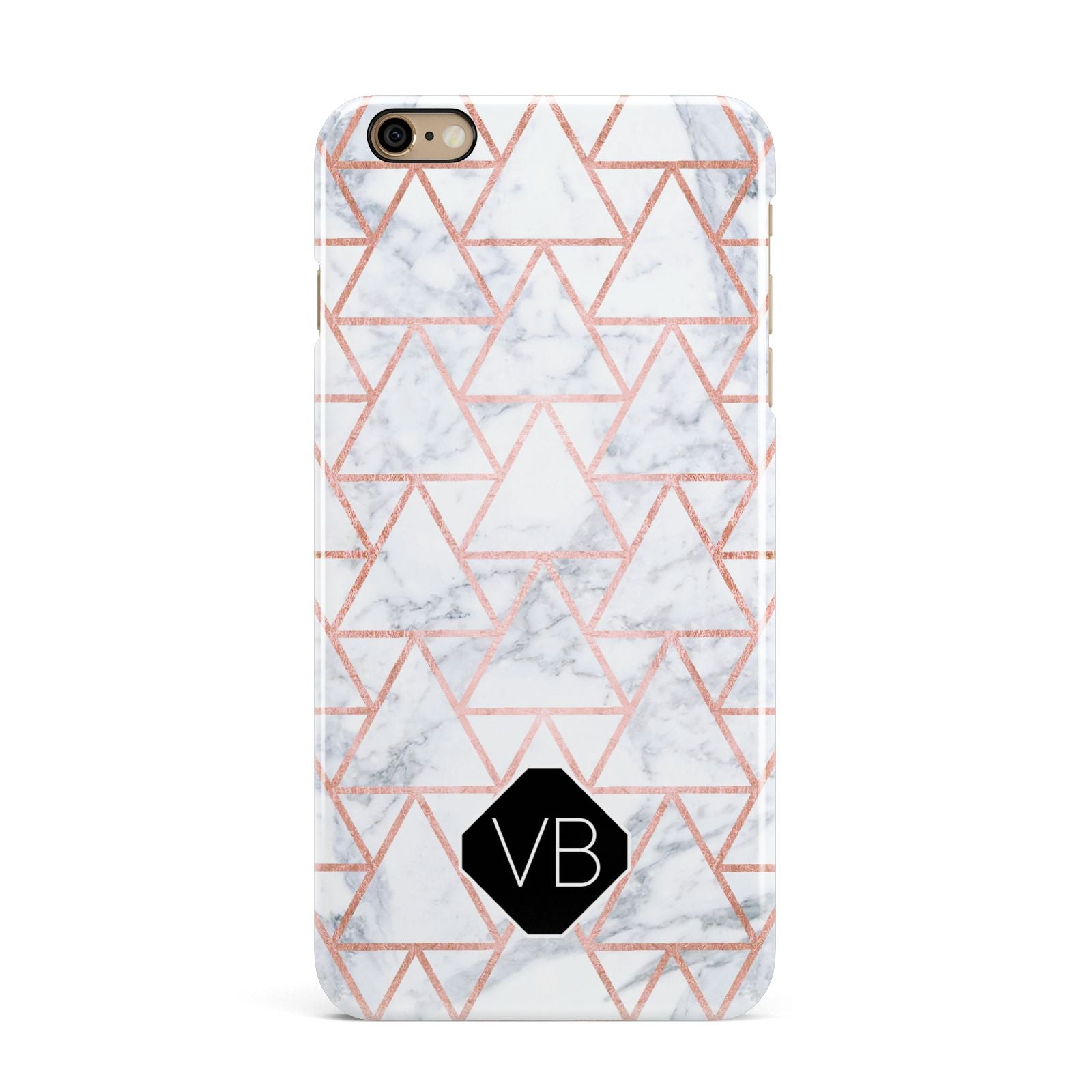 Personalised Rose Gold Grey Marble Hexagon iPhone 6 Plus 3D Snap Case on Gold Phone