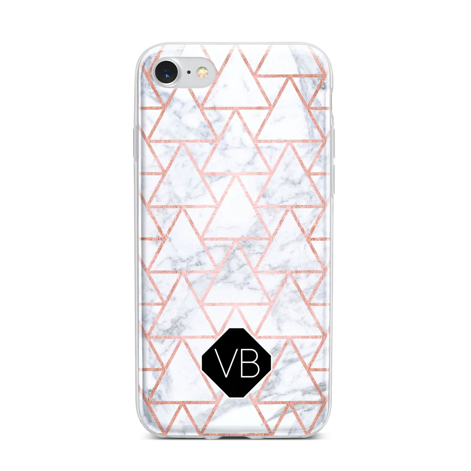 Personalised Rose Gold Grey Marble Hexagon iPhone 7 Bumper Case on Silver iPhone