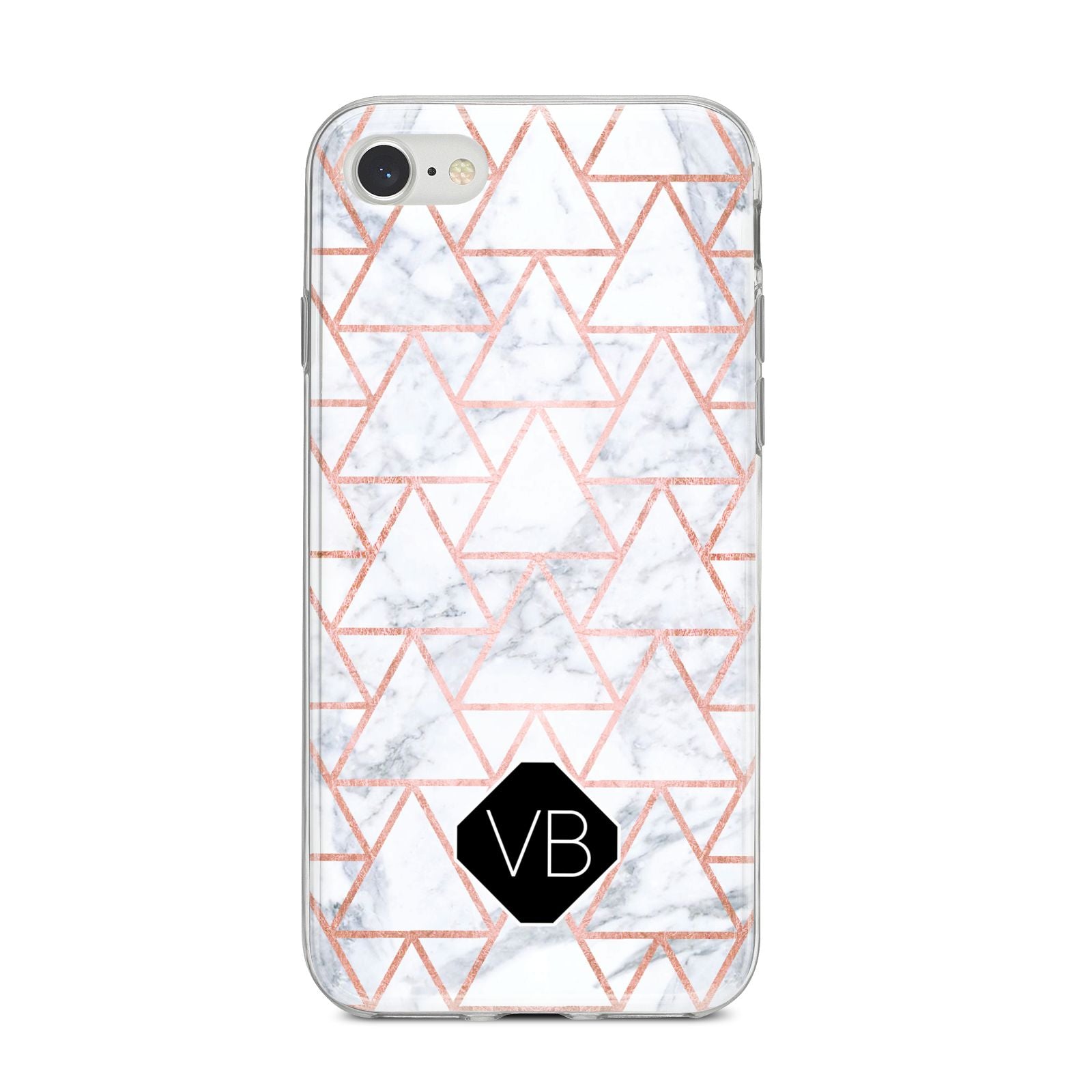 Personalised Rose Gold Grey Marble Hexagon iPhone 8 Bumper Case on Silver iPhone