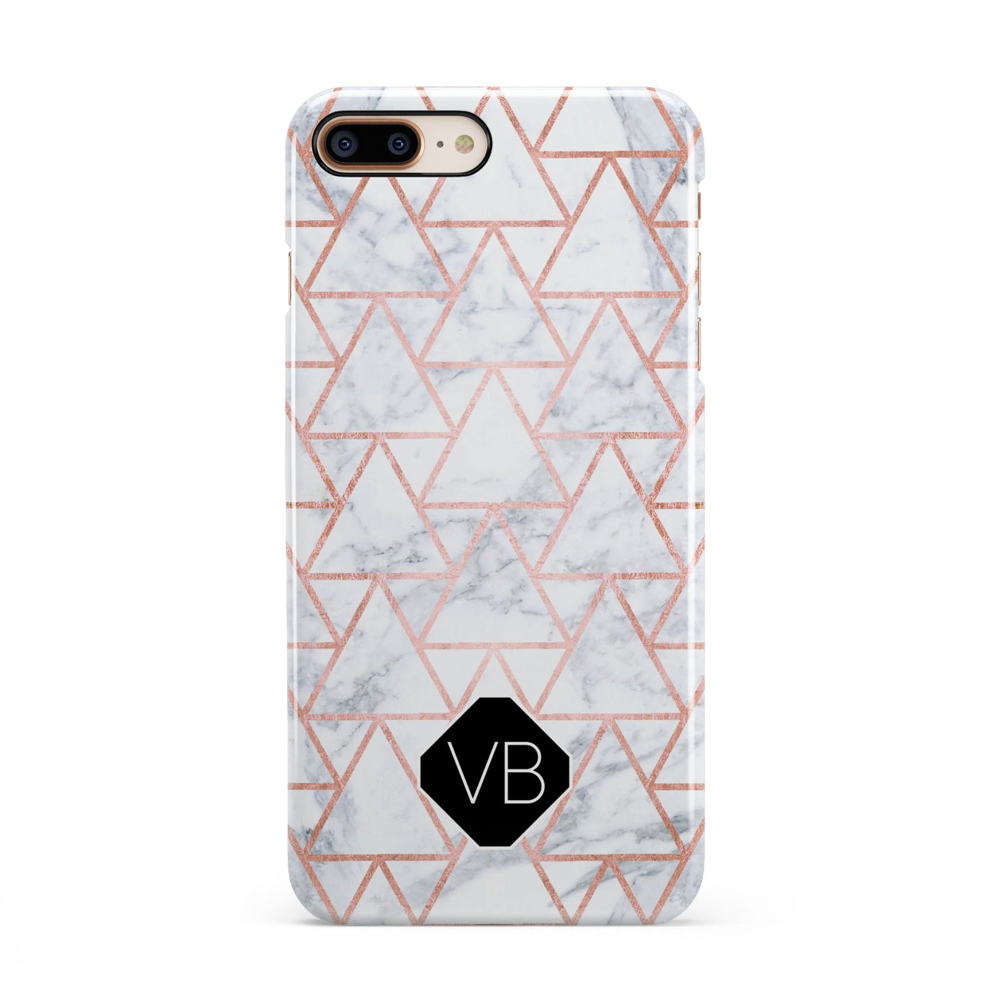 Personalised Rose Gold Grey Marble Hexagon iPhone 8 Plus 3D Snap Case on Gold Phone