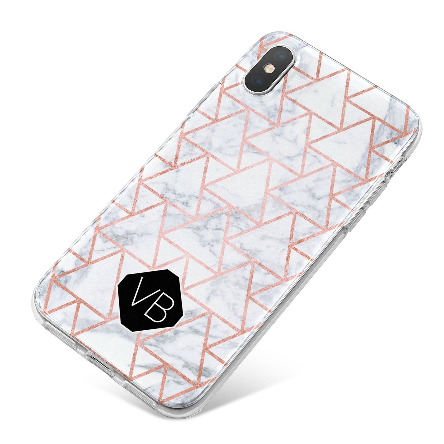 Personalised Rose Gold Grey Marble Hexagon iPhone X Bumper Case on Silver iPhone