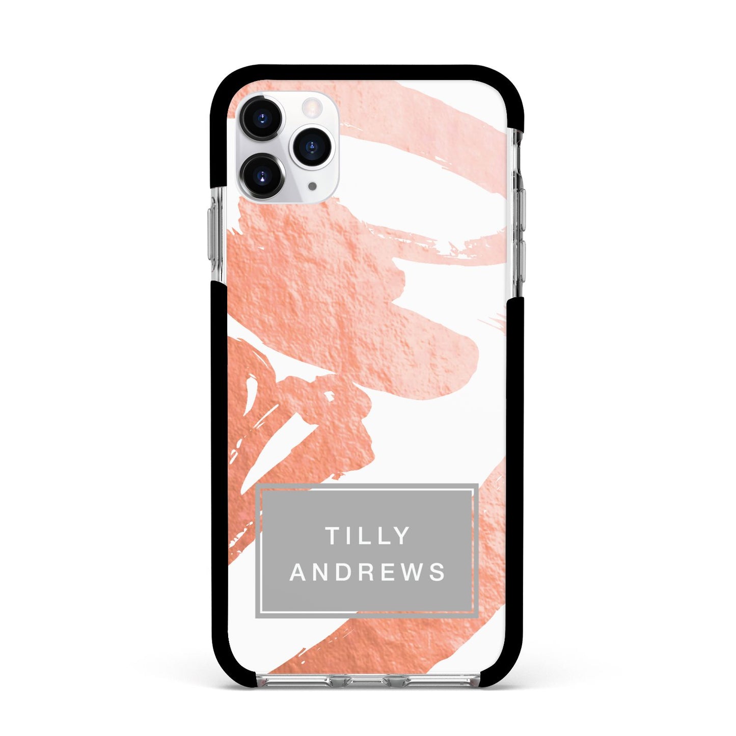 Personalised Rose Gold Leaf Name Apple iPhone 11 Pro Max in Silver with Black Impact Case