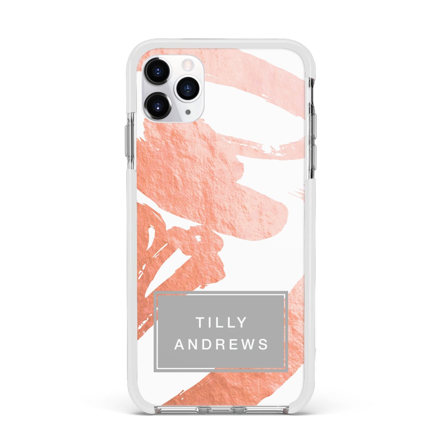 Personalised Rose Gold Leaf Name Apple iPhone 11 Pro Max in Silver with White Impact Case