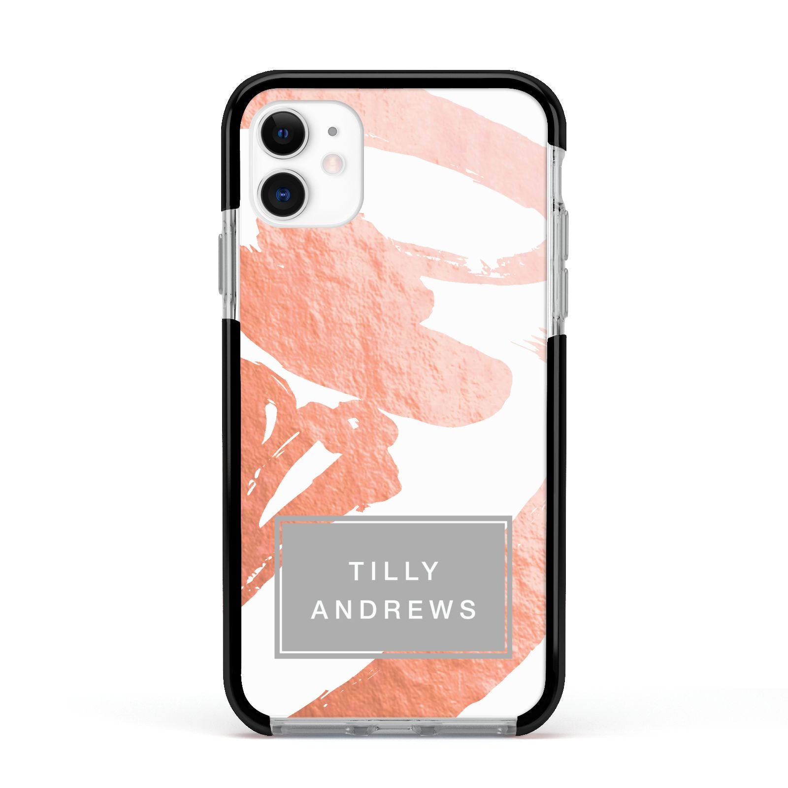 Personalised Rose Gold Leaf Name Apple iPhone 11 in White with Black Impact Case
