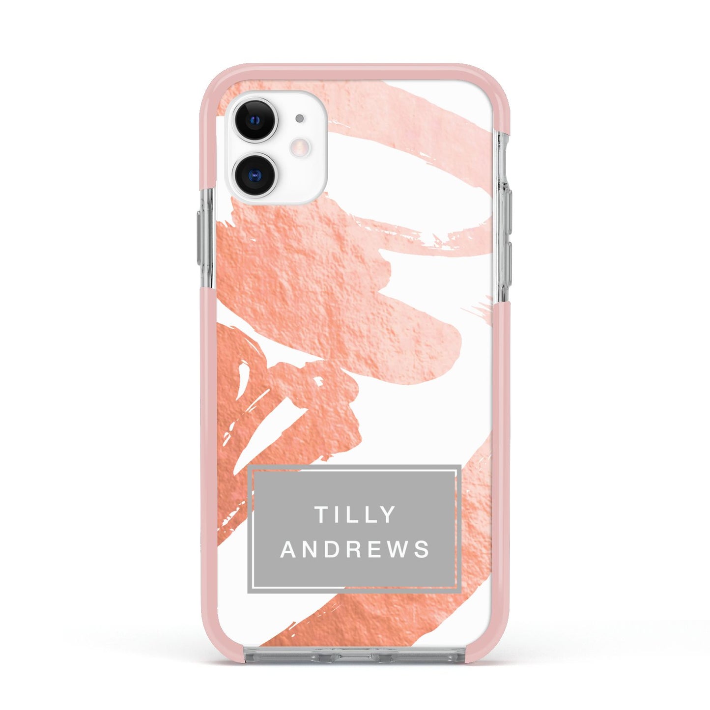 Personalised Rose Gold Leaf Name Apple iPhone 11 in White with Pink Impact Case