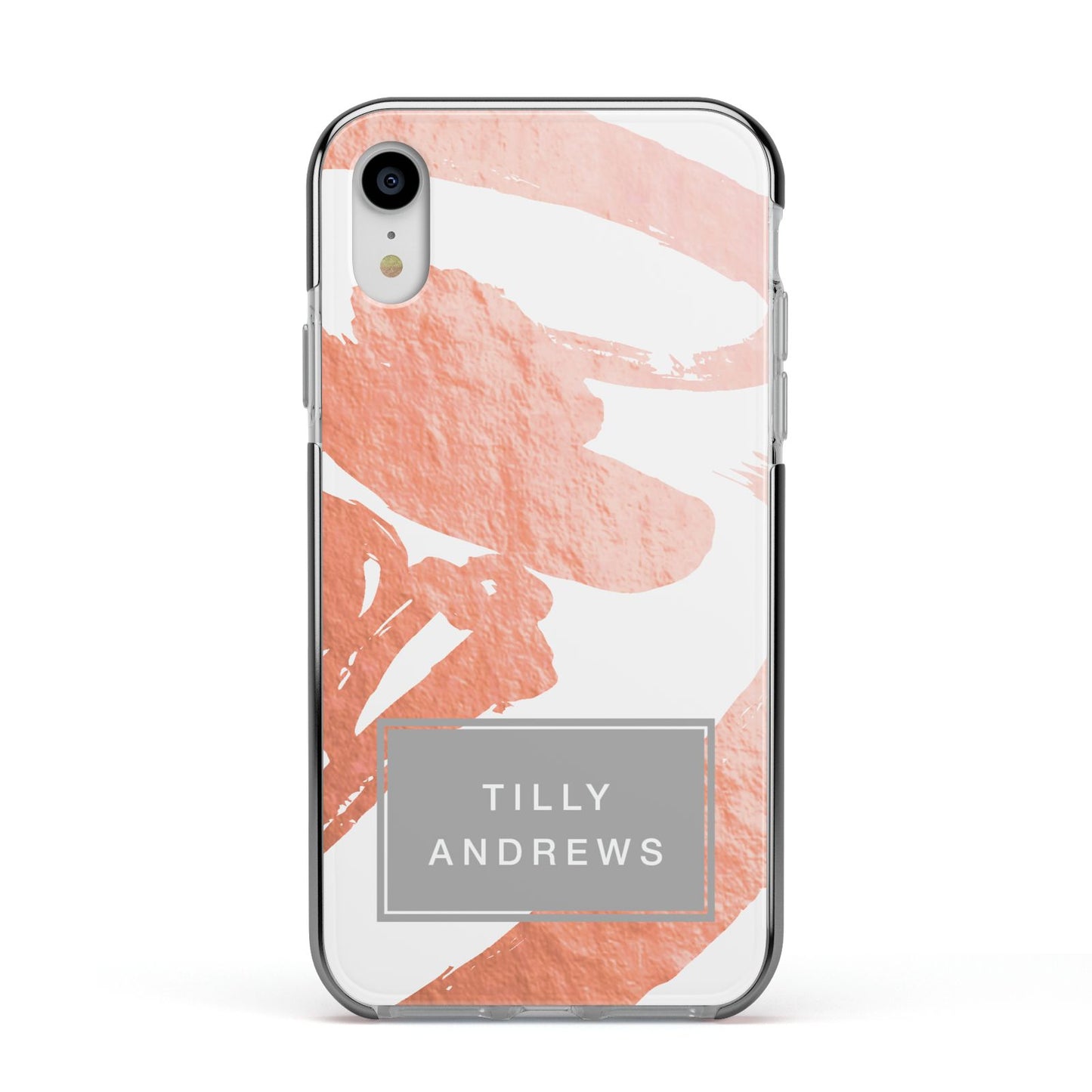 Personalised Rose Gold Leaf Name Apple iPhone XR Impact Case Black Edge on Silver Phone