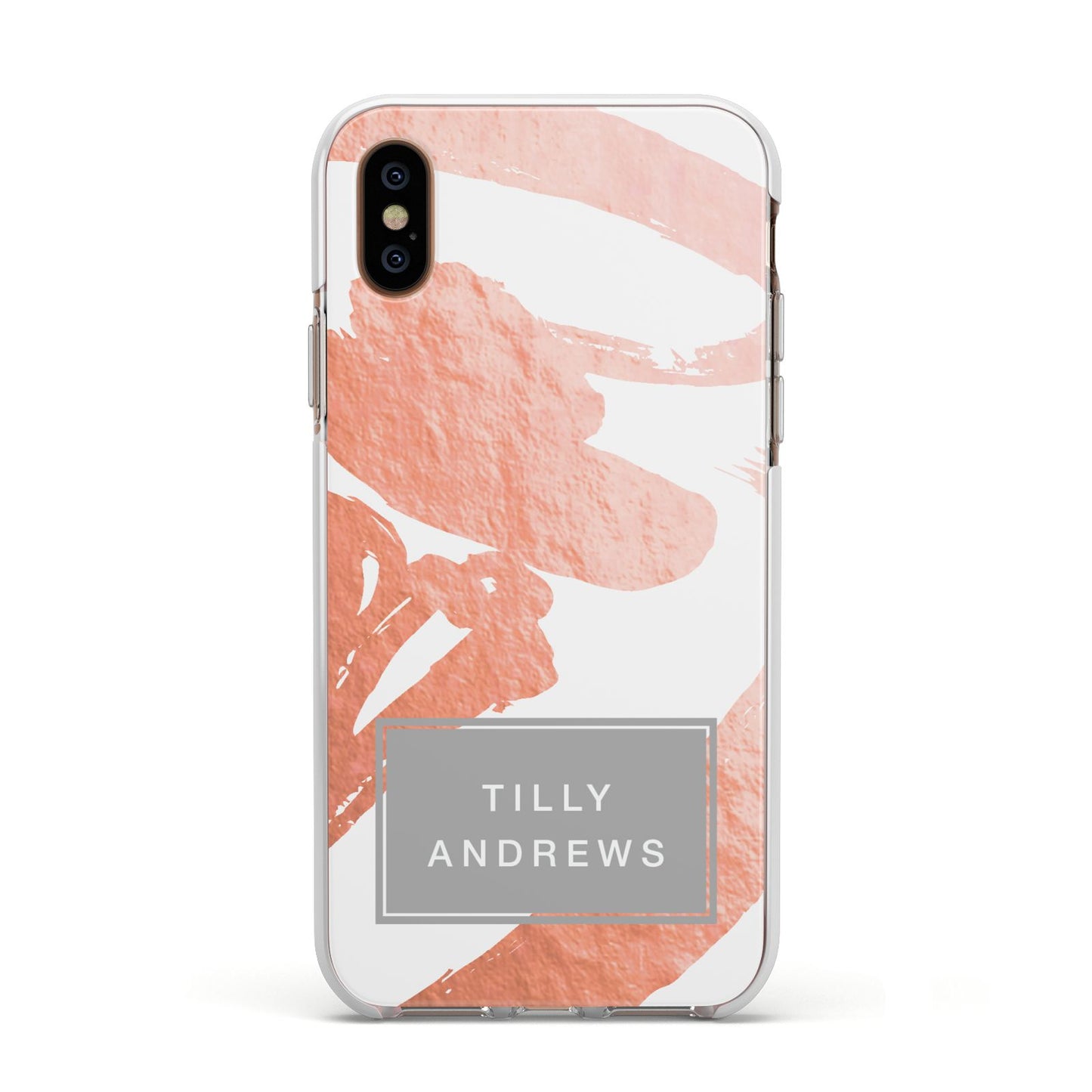 Personalised Rose Gold Leaf Name Apple iPhone Xs Impact Case White Edge on Gold Phone