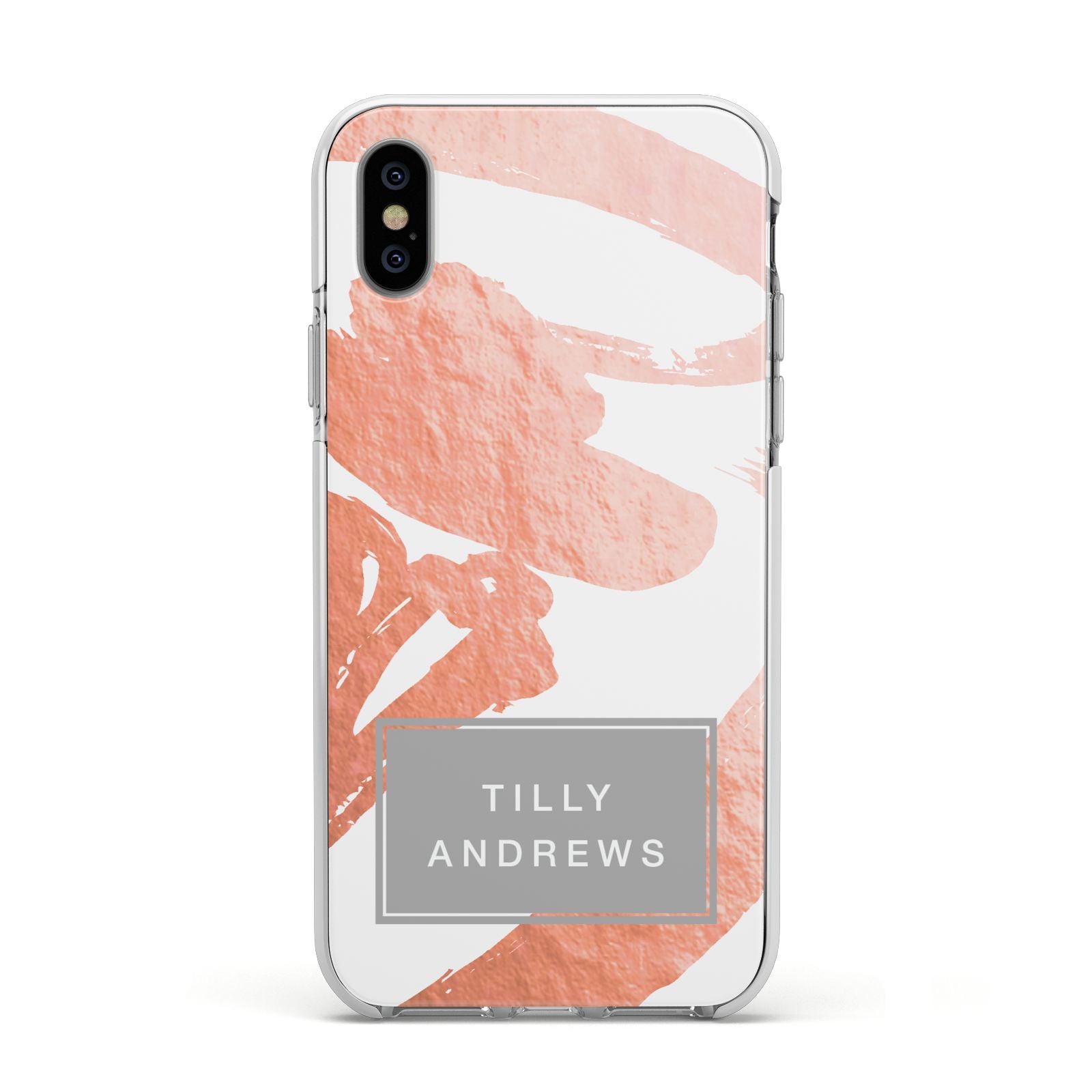 Personalised Rose Gold Leaf Name Apple iPhone Xs Impact Case White Edge on Silver Phone