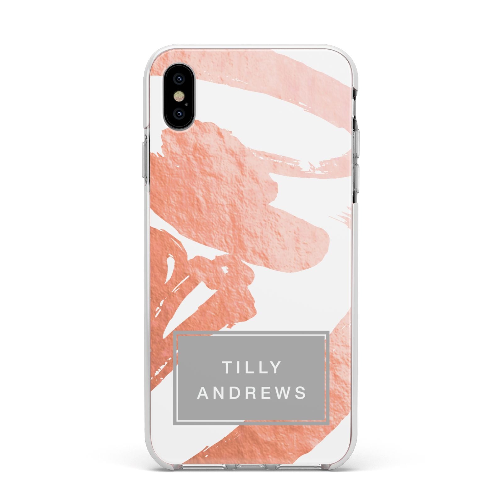 Personalised Rose Gold Leaf Name Apple iPhone Xs Max Impact Case White Edge on Silver Phone