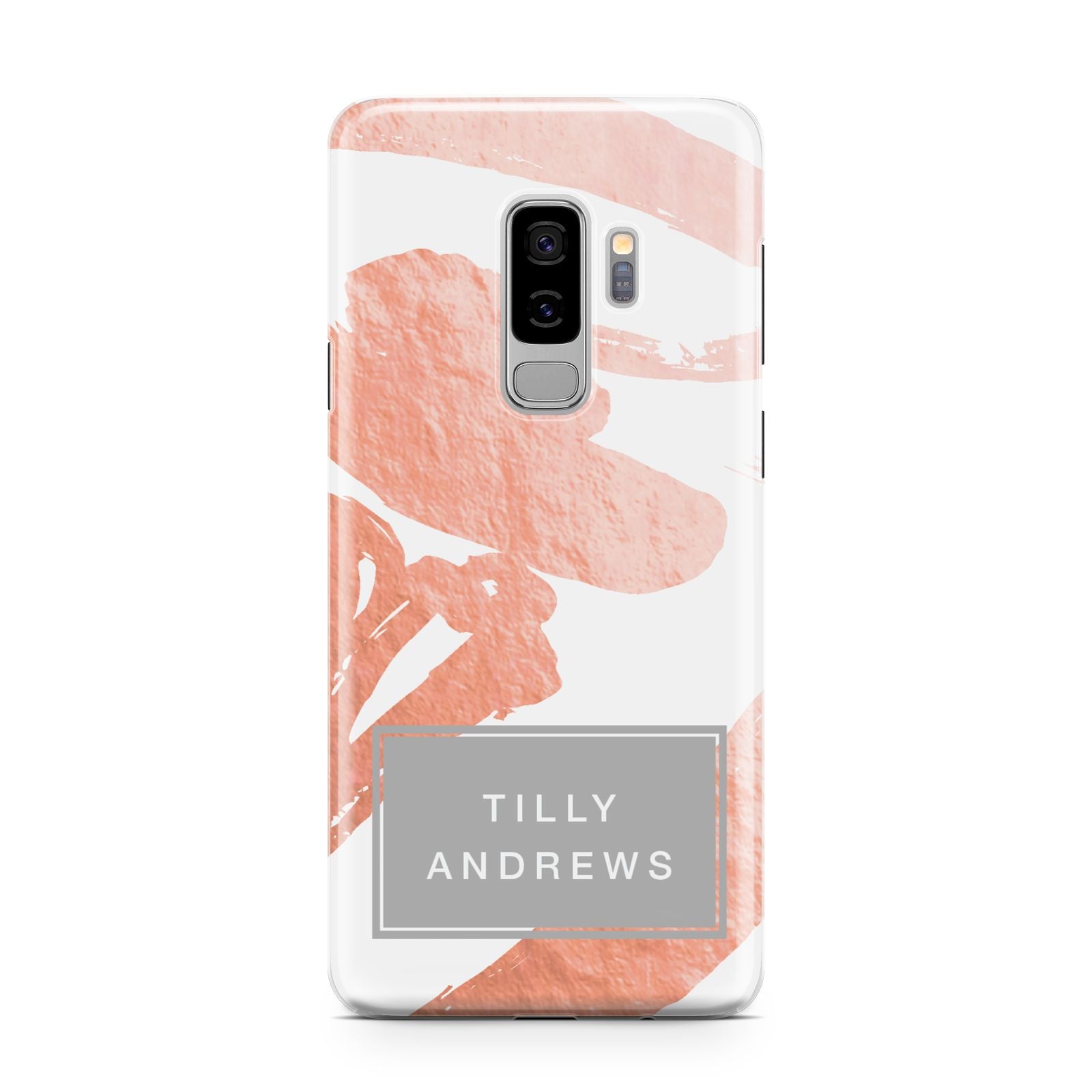 Personalised Rose Gold Leaf Name Samsung Galaxy S9 Plus Case on Silver phone