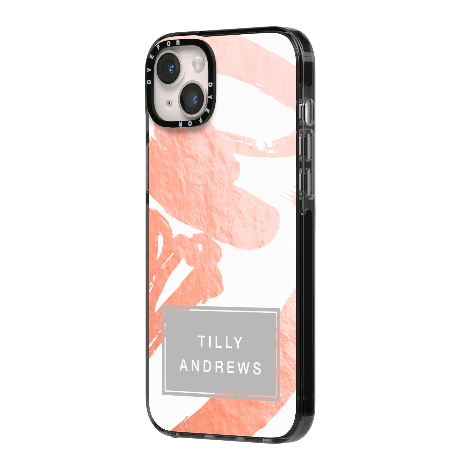 Personalised Rose Gold Leaf Name iPhone 14 Plus Black Impact Case Side Angle on Silver phone