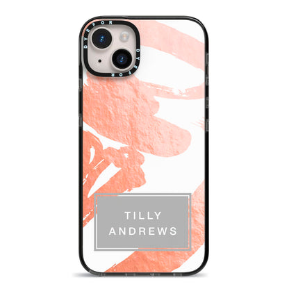 Personalised Rose Gold Leaf Name iPhone 14 Plus Black Impact Case on Silver phone