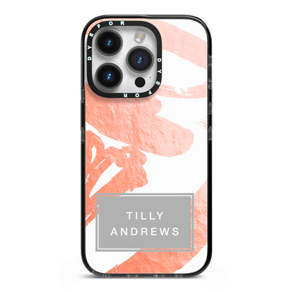 Personalised Rose Gold Leaf Name iPhone 14 Pro Black Impact Case on Silver phone