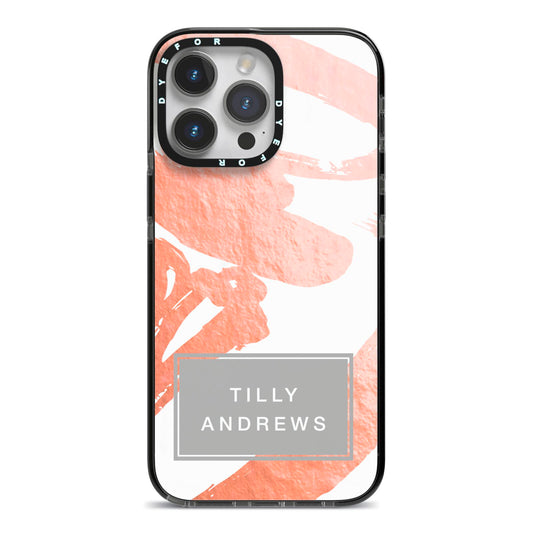 Personalised Rose Gold Leaf Name iPhone 14 Pro Max Black Impact Case on Silver phone