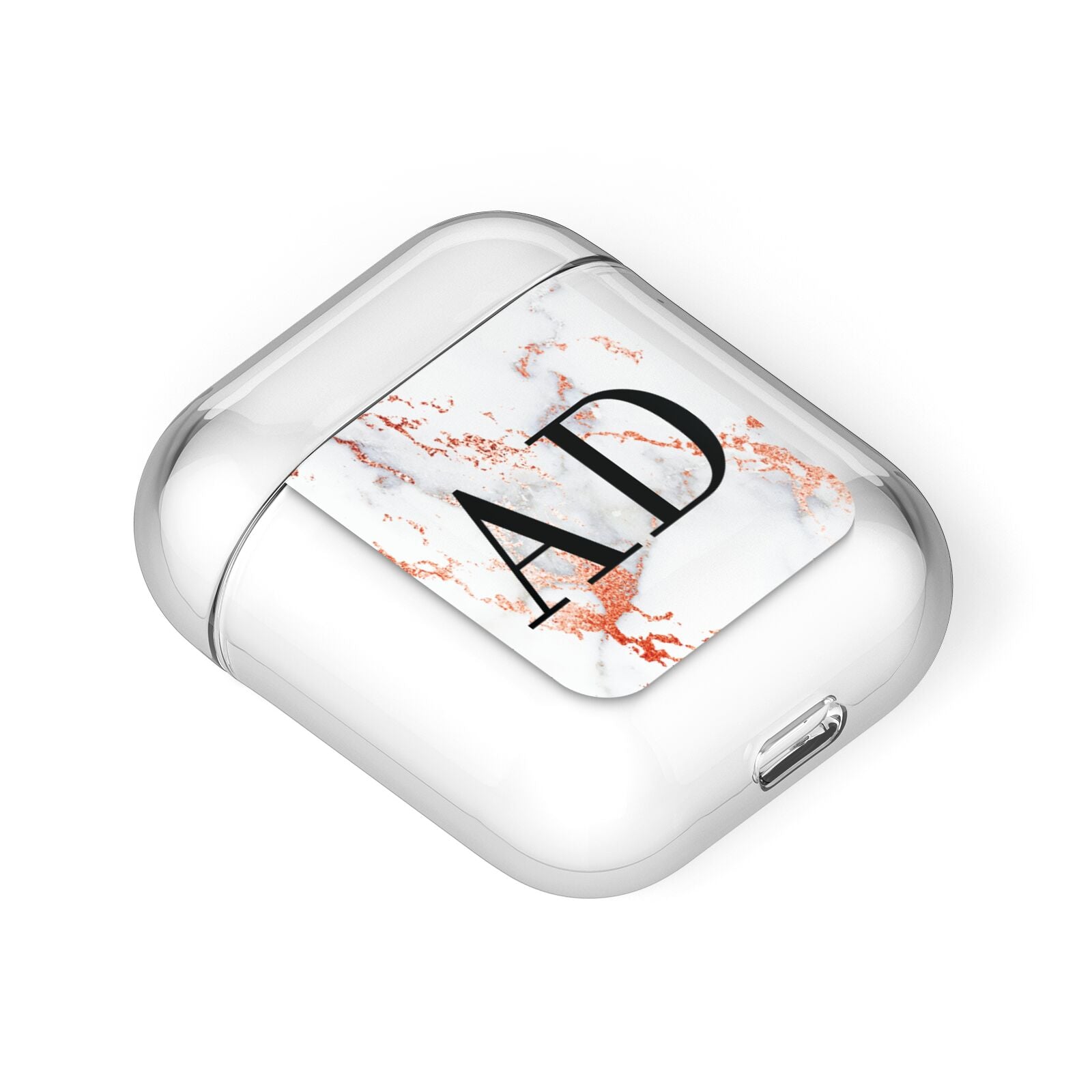 Personalised Rose Gold Marble Initials AirPods Case Laid Flat