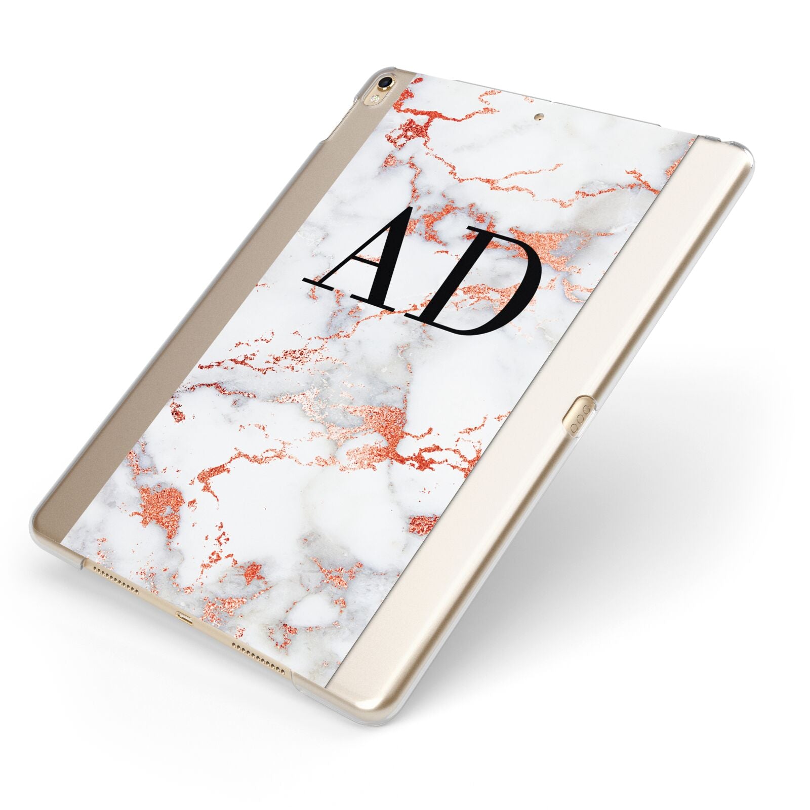 Personalised Rose Gold Marble Initials Apple iPad Case on Gold iPad Side View
