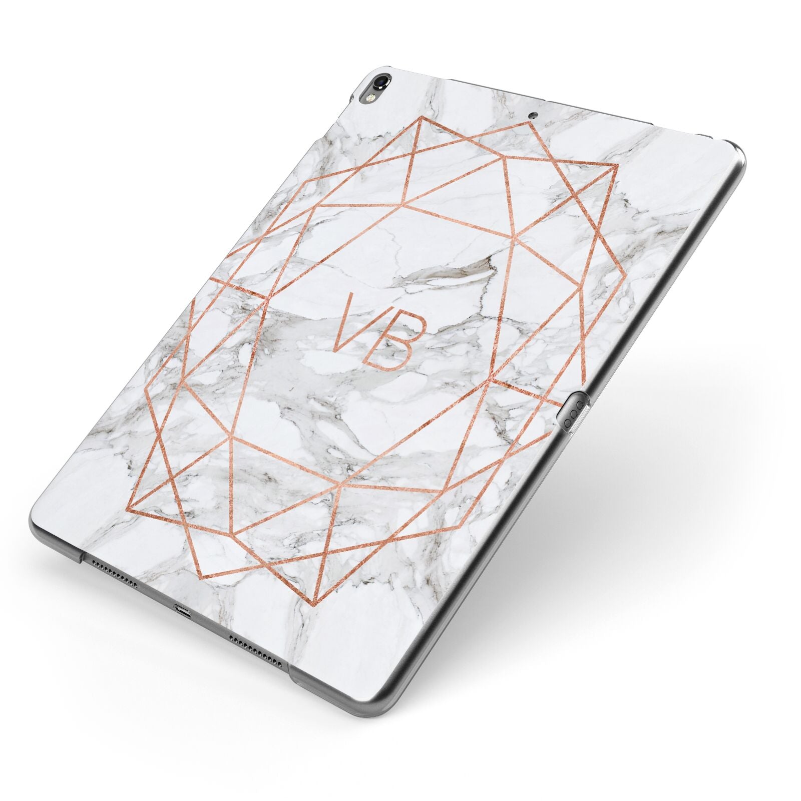 Personalised Rose Gold Marble Initials Apple iPad Case on Grey iPad Side View